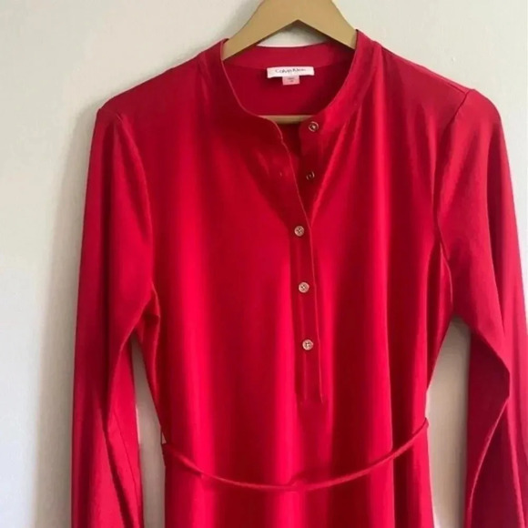 Calvin Klein Red Shirt Dress with Waist Tie - Picture 4 of 13